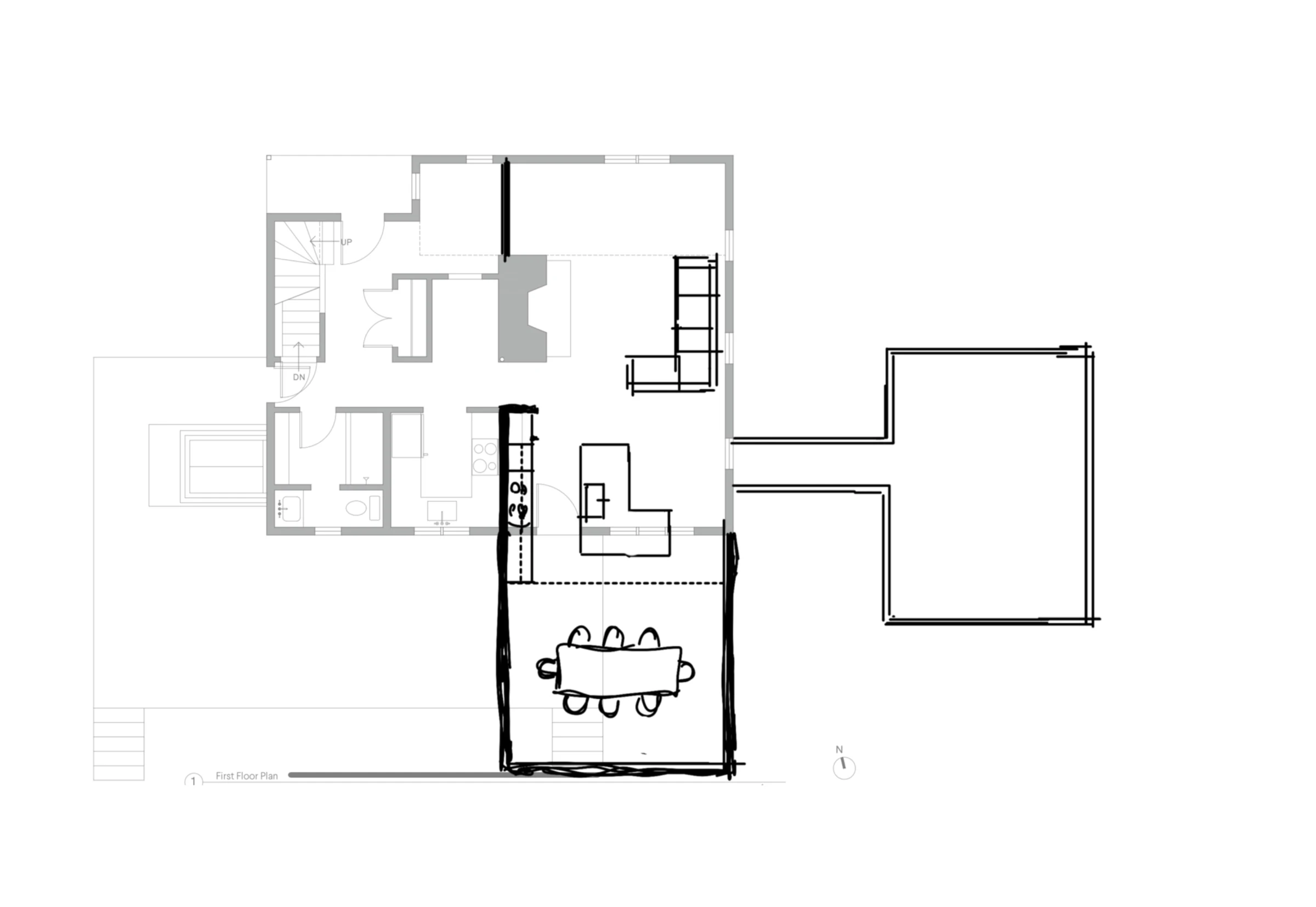 Alternative early Killington plan sketch exploring kitchen, dining and primary suite arrangements.