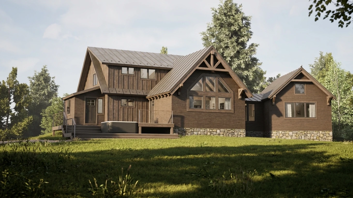 Proposed Killington renovation with timber gables, wood siding, a glazed kitchen extension and a connected primary suite.