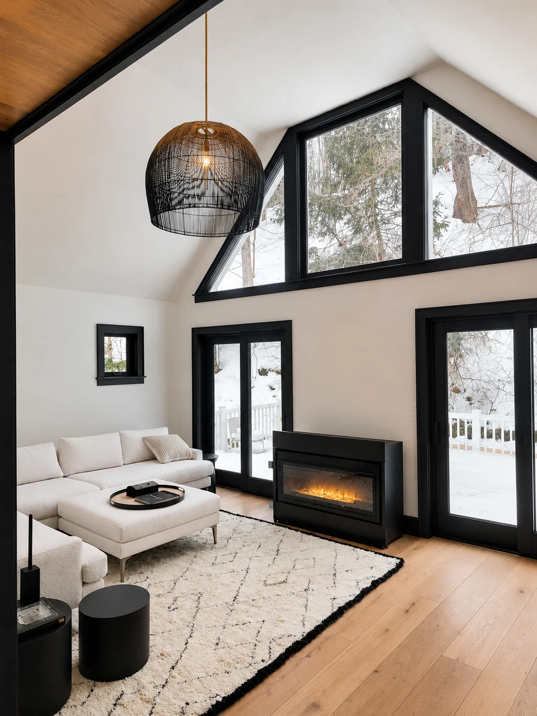 Vaulted living room with a fireplace and large black-framed windows in a Hudson Design and Build renovation on South Street, Woodstock, Vermont.