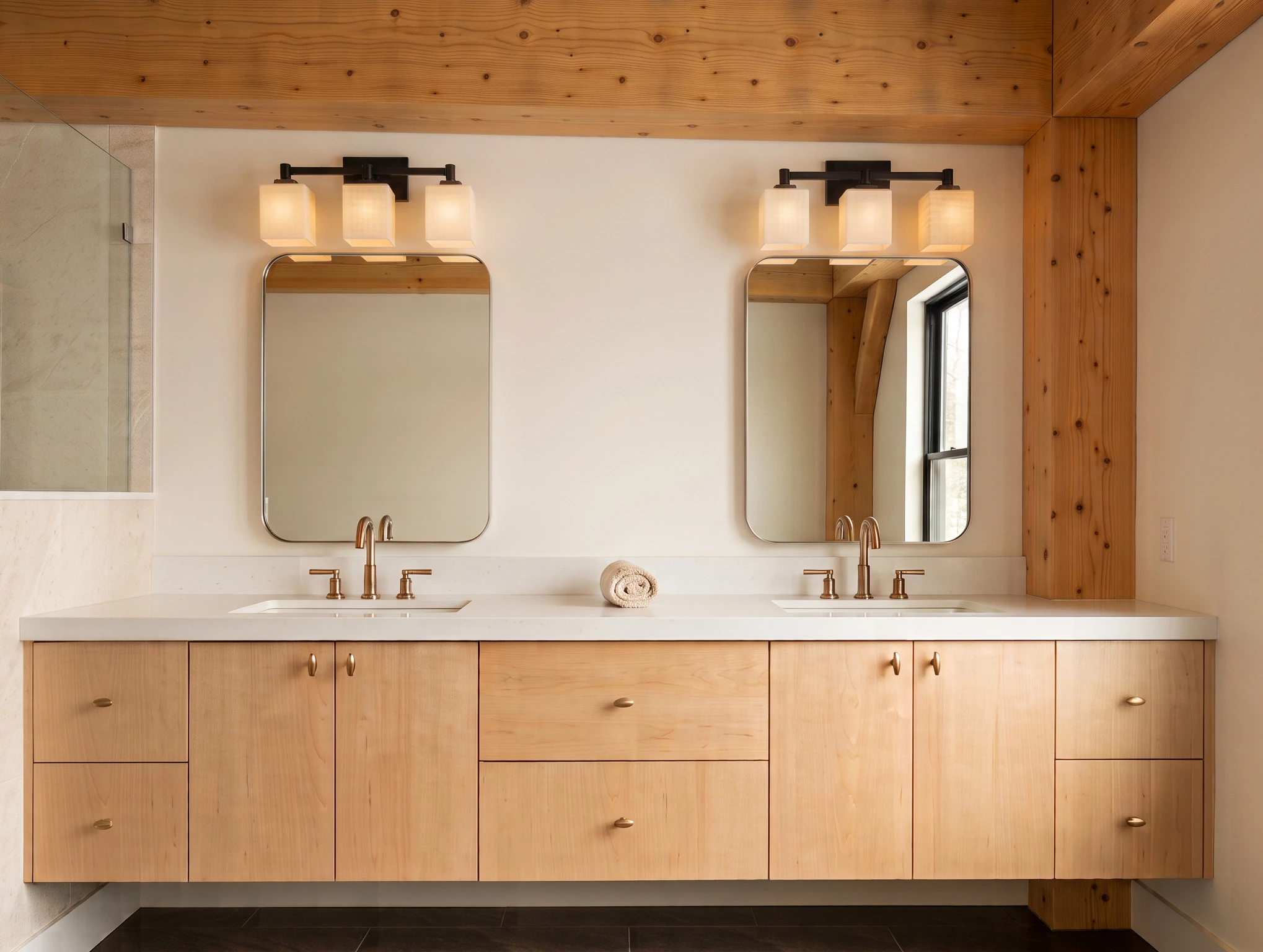 Killington bathroom design rendering with a timber ceiling, wood double vanity, pale countertops and warm lighting.