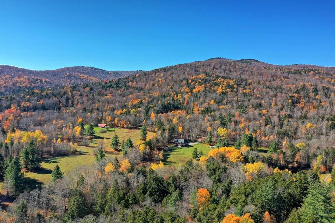 Autumn woodland and mountain scenery surrounding a Hudson Design and Build custom home in Stockbridge, Vermont.