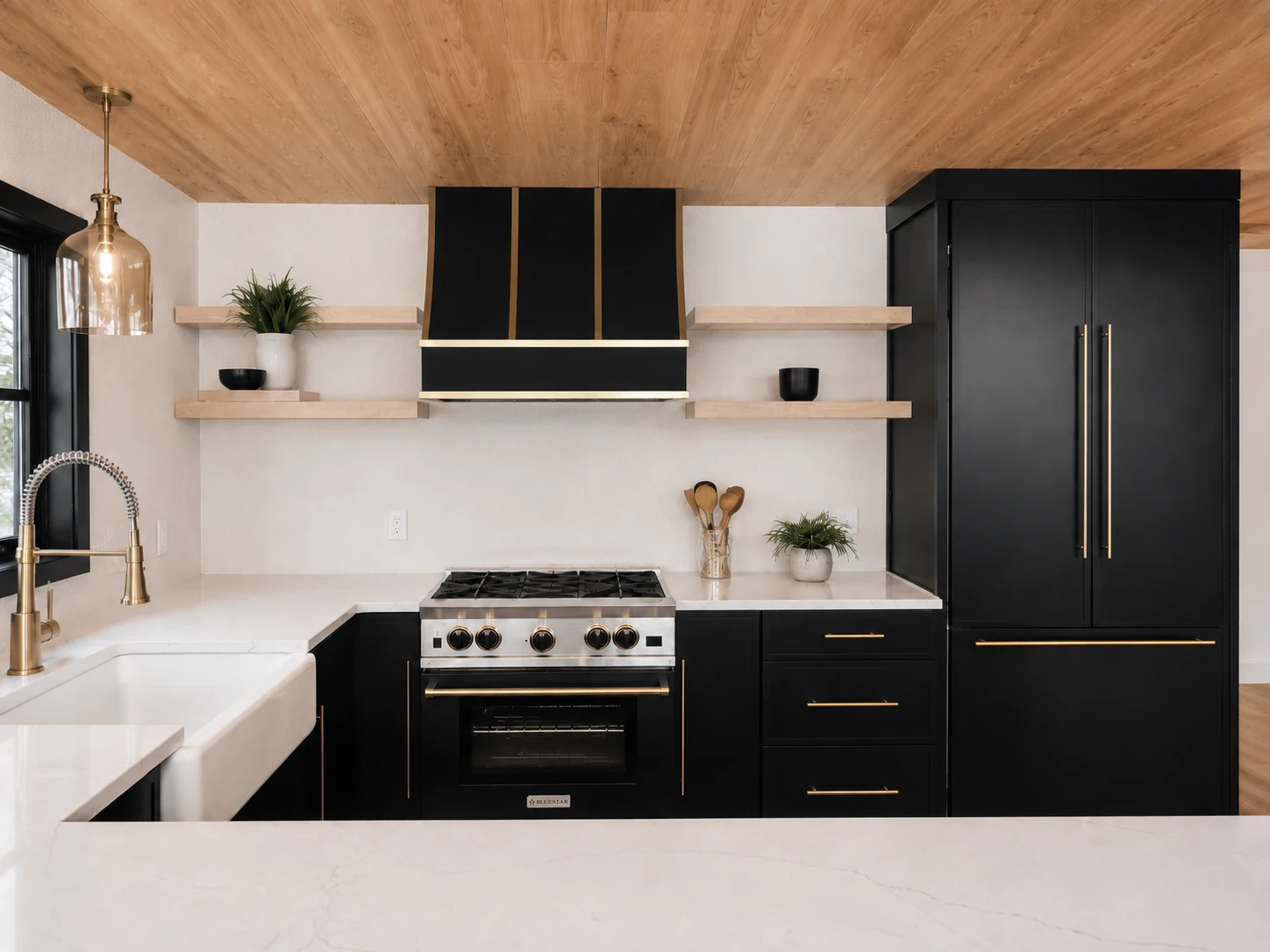 Black kitchen cabinets, a white range hood and backsplash, and a white island countertop.