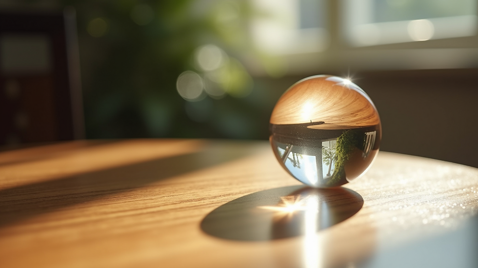 Close-up view of a crystal ball on a wooden table with soft natural light