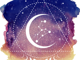 Watercolor galaxy background in deep blue, purple, and gold with white stars, a dashed triangle and circle, a large crescent moon containing the Leo constellation, and a row of moon phases along the bottom.