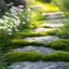 A soft, sunlit garden path of stepping stones bordered by moss and white flowers, symbolizing a gentle path forward through a season of transition.