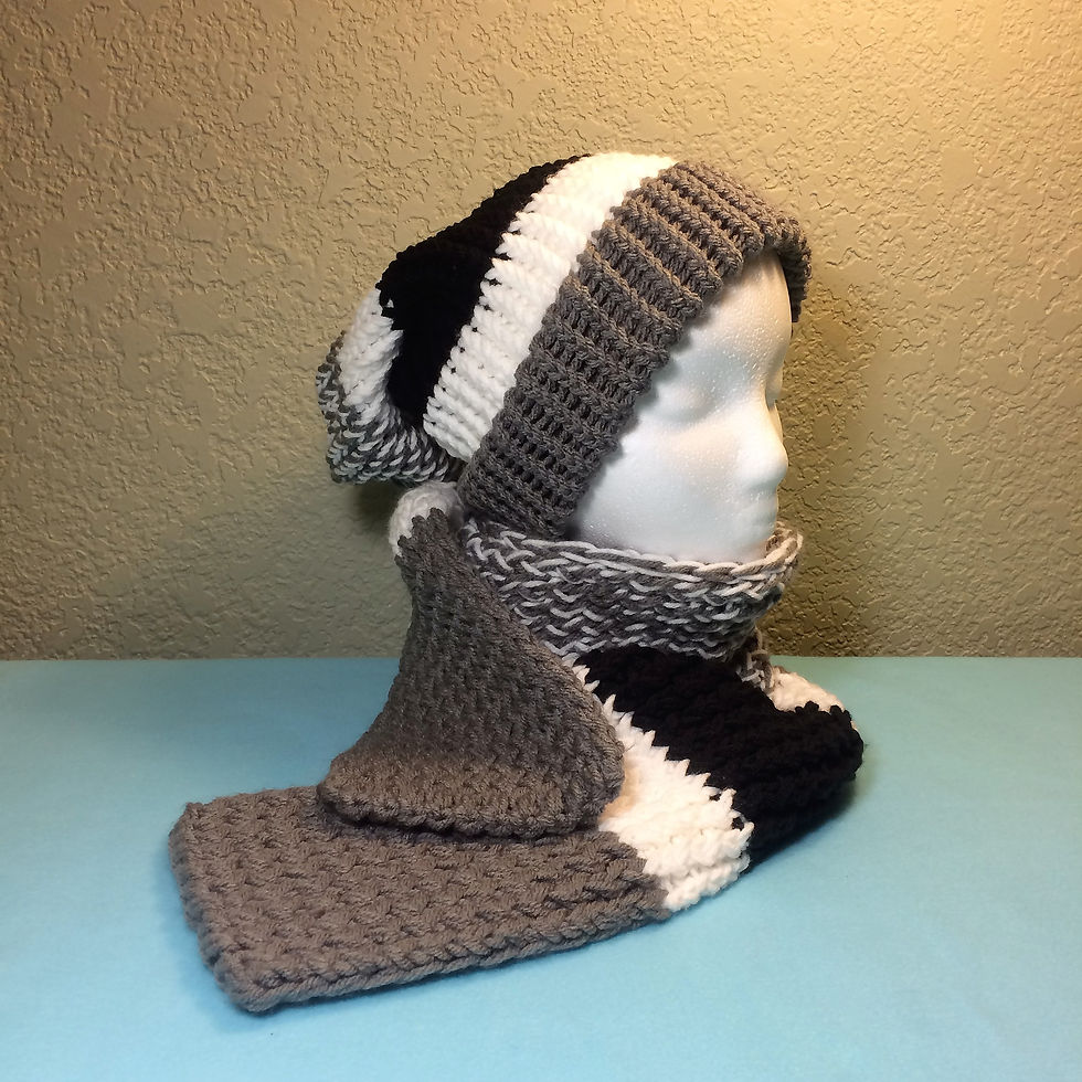 Black, white and grey beanie and scarf