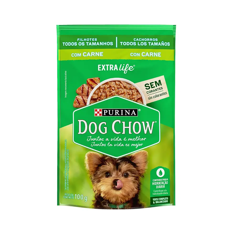 Dog Chow ExtraLife para Cães Filhote tds tam. sabor carne 100g