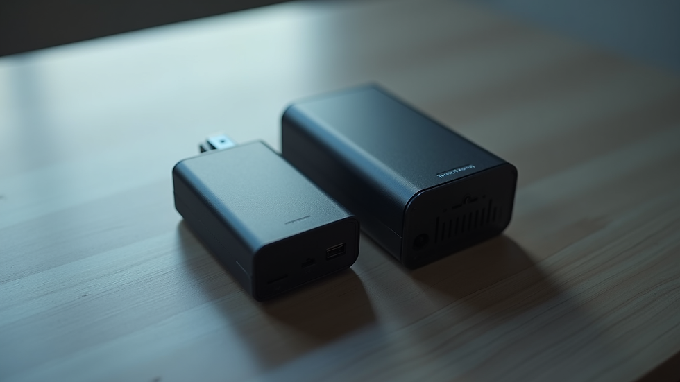 High angle view of two power banks side by side showing size difference