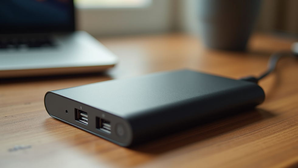 Close-up view of a portable power bank on a wooden desk