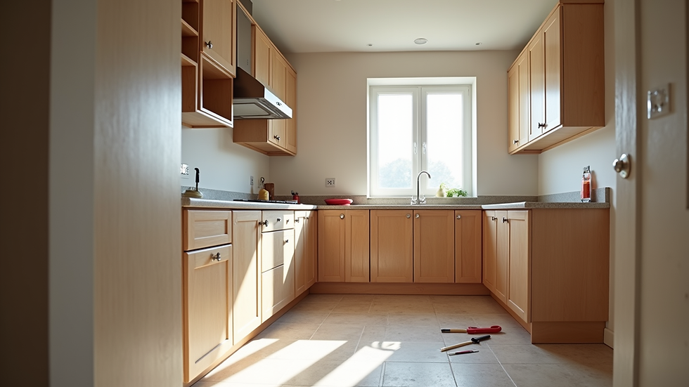 Eye-level view of a kitchen renovation in progress with cabinets and tools