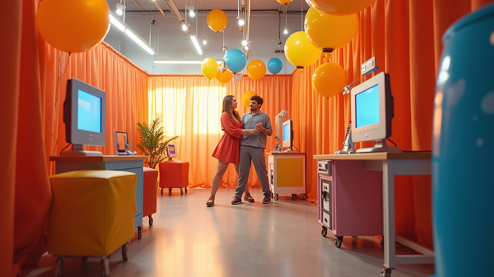Eye-level view of a vibrant photo booth setup with colorful props