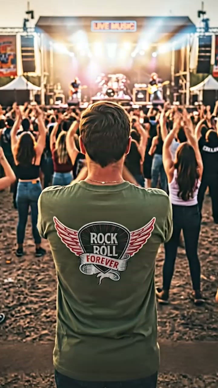 Video of man wearing mockup of Rock n Roll Forever | Winged Pick Tee | Back in Military Green