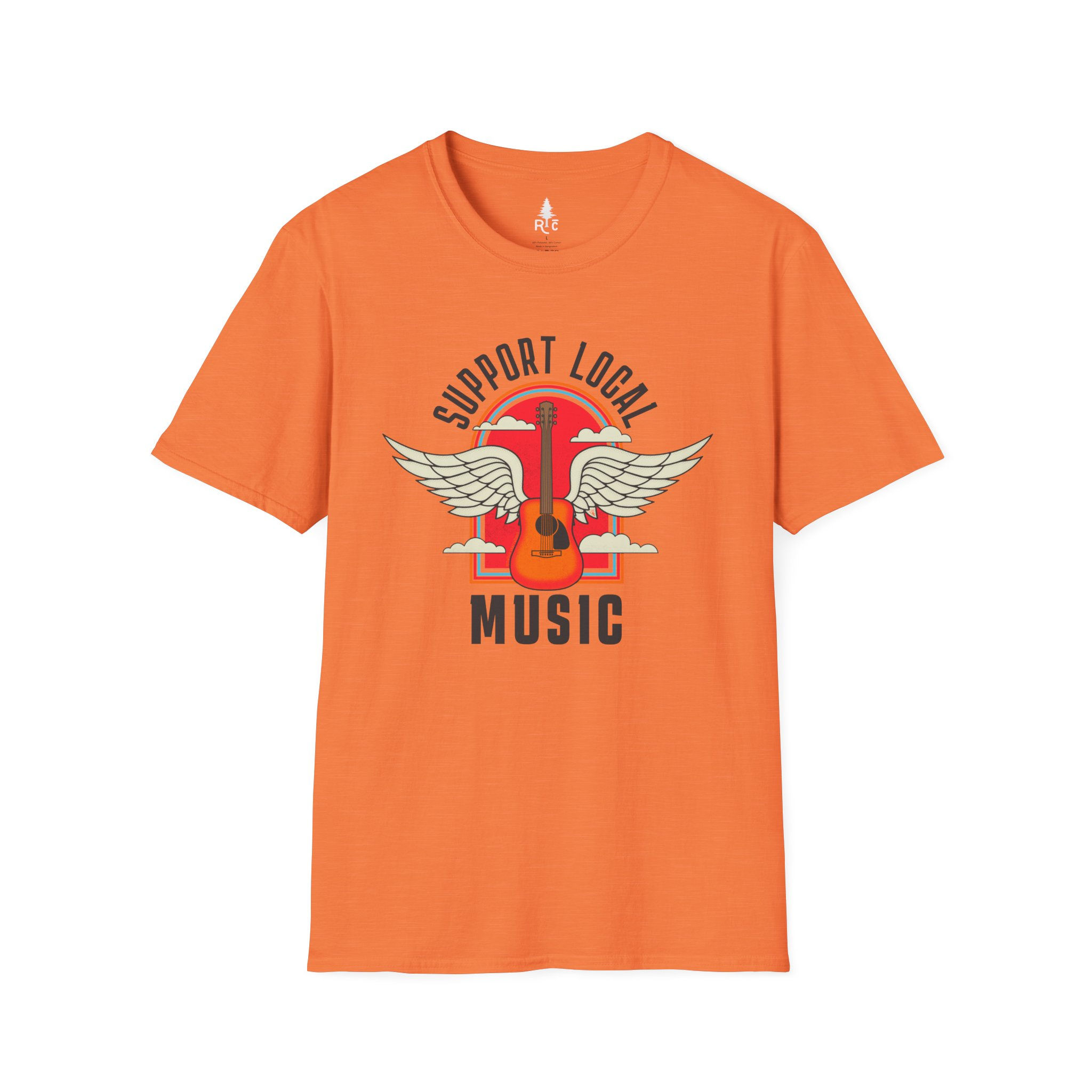 Mockup of Support Local Music | Guitar Wing in Heather Orange
