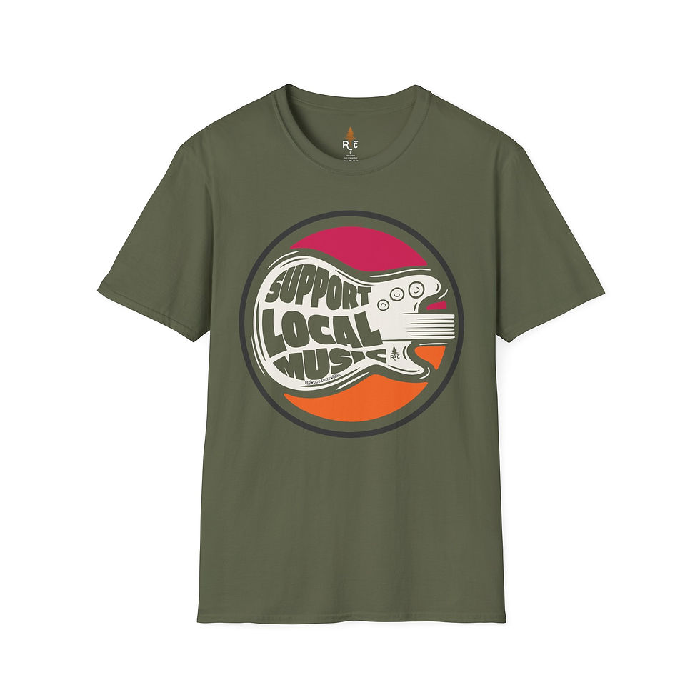 Thumbnail: Mockup of Support Local Music | Soda Guitar Tee in Military Green