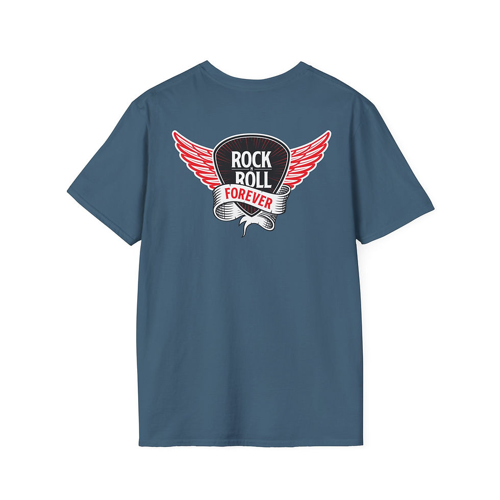 Thumbnail: Mockup of Rock n Roll Forever | Winged Pick Tee | Back in Indigo Blue