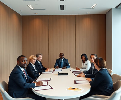 A modern, minimalist conference space with a small table viewed from a slightly elevated p