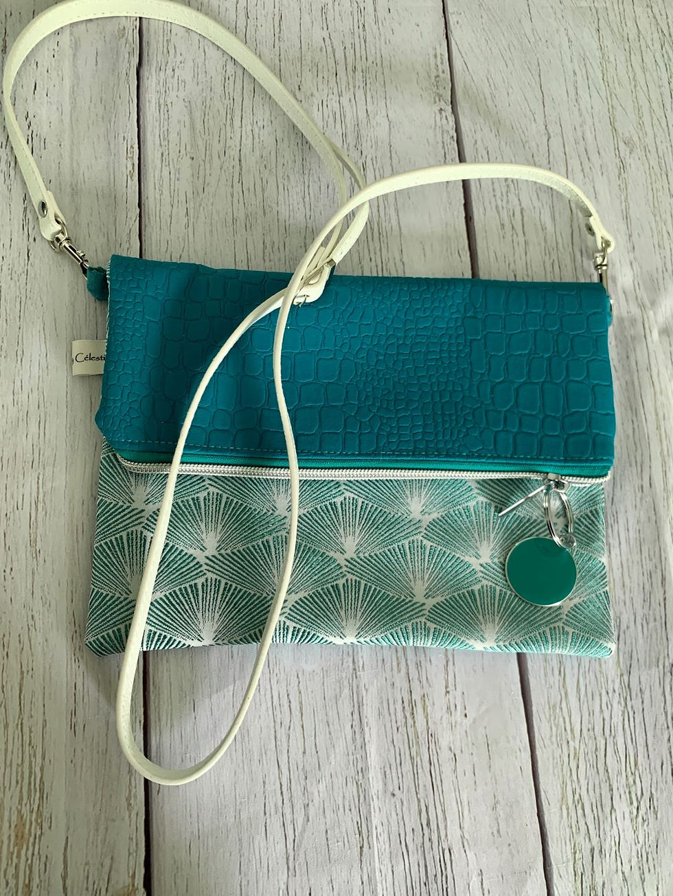 Miniature : Pochette réversible turquoise, sangle blanche simili réglable