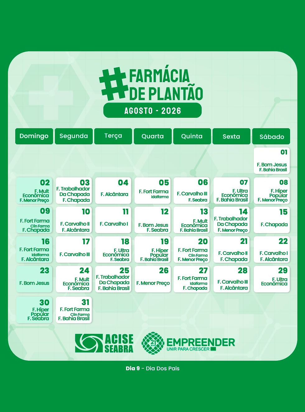 FARMÁCIA DE PLANTÃO DO MÊS DE AGOSTO.