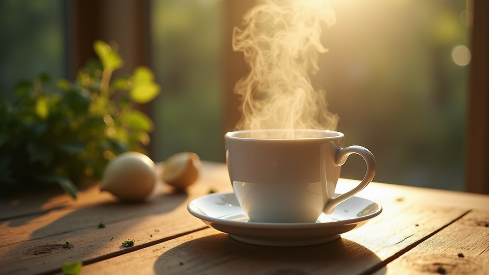 Close-up view of a steaming cup of herbal tea on a wooden surface