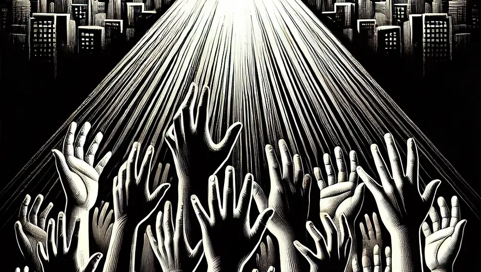 DALL·E 2025-03-21 16.29.58 - A powerful black-and-white illustration depicting diverse han