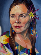 self portrait oil painting with spider lily