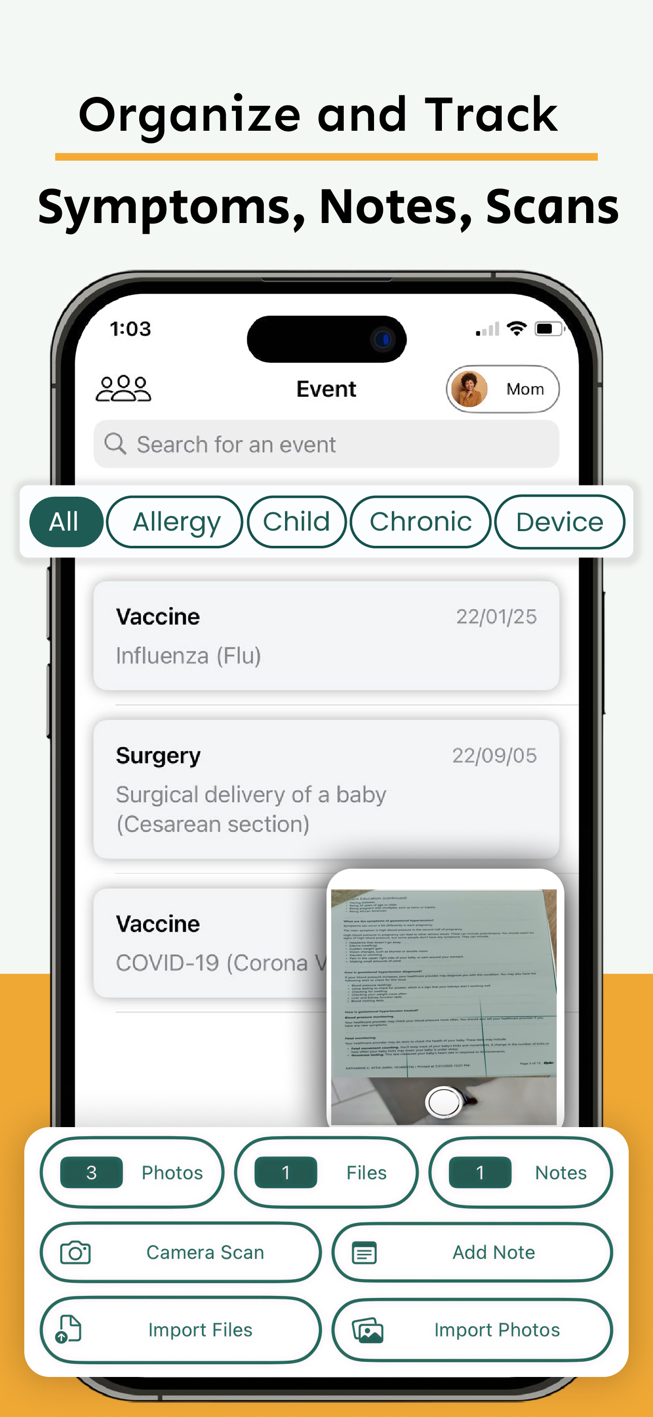 family vitals iOS app health event