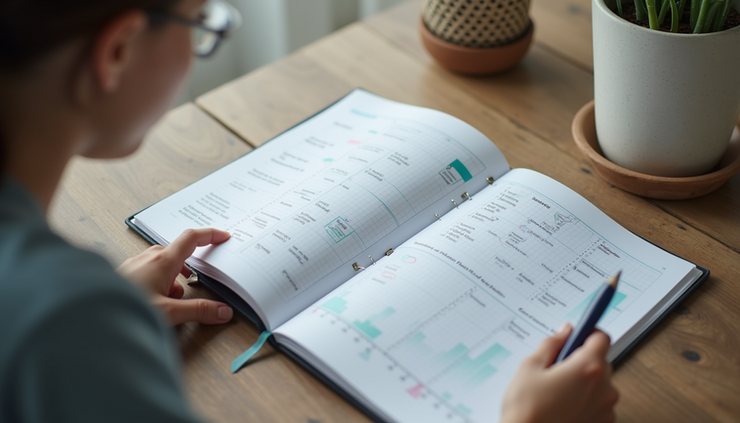 Eye-level view of a person reviewing a health journal with daily notes and charts