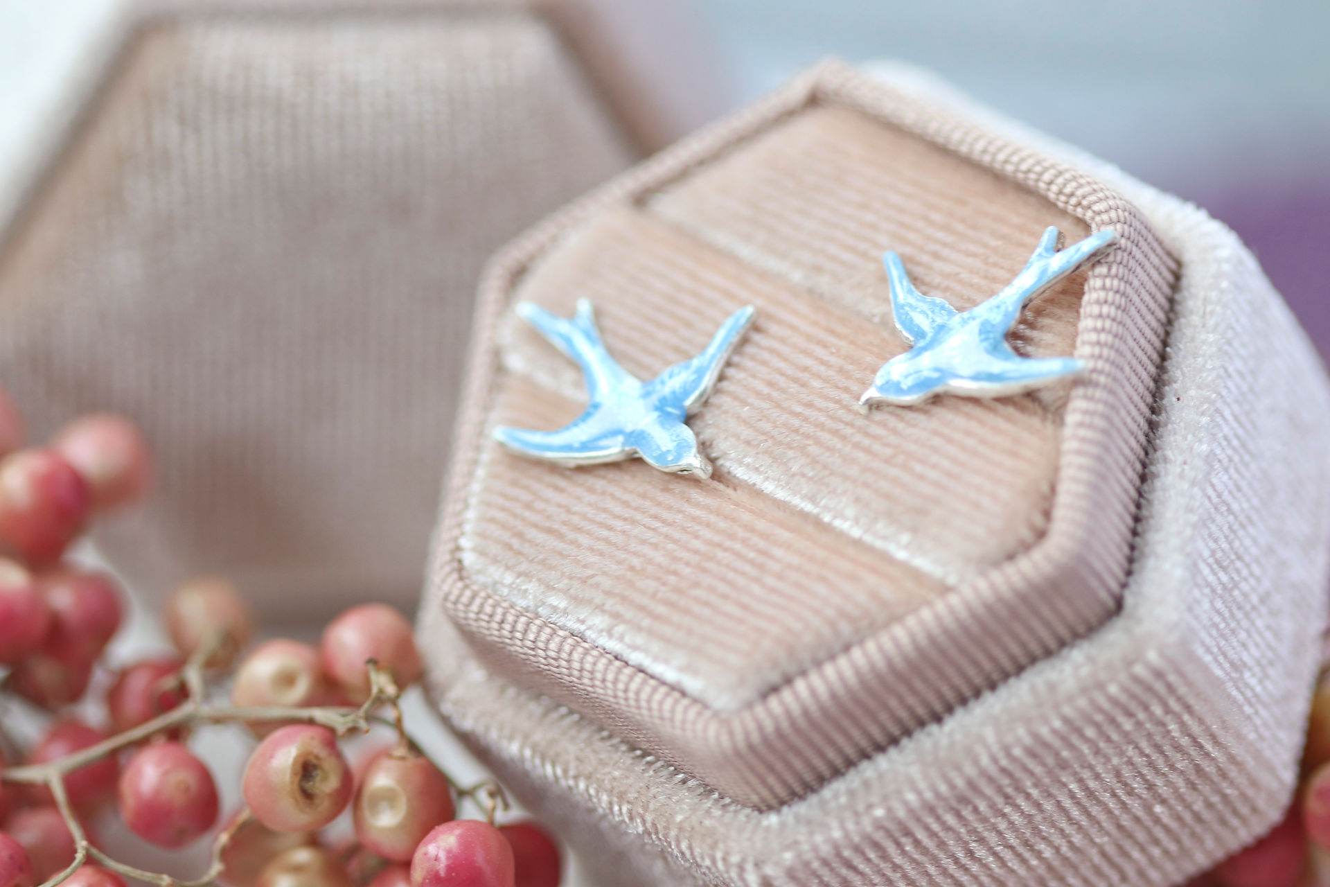Blue enamel swallow stud earrings