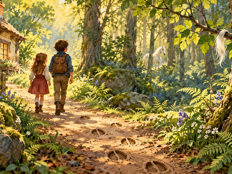 Two children follow horse tracks along a sunny forest path near a cottage, with white fur on a branch and a white horse among the trees.