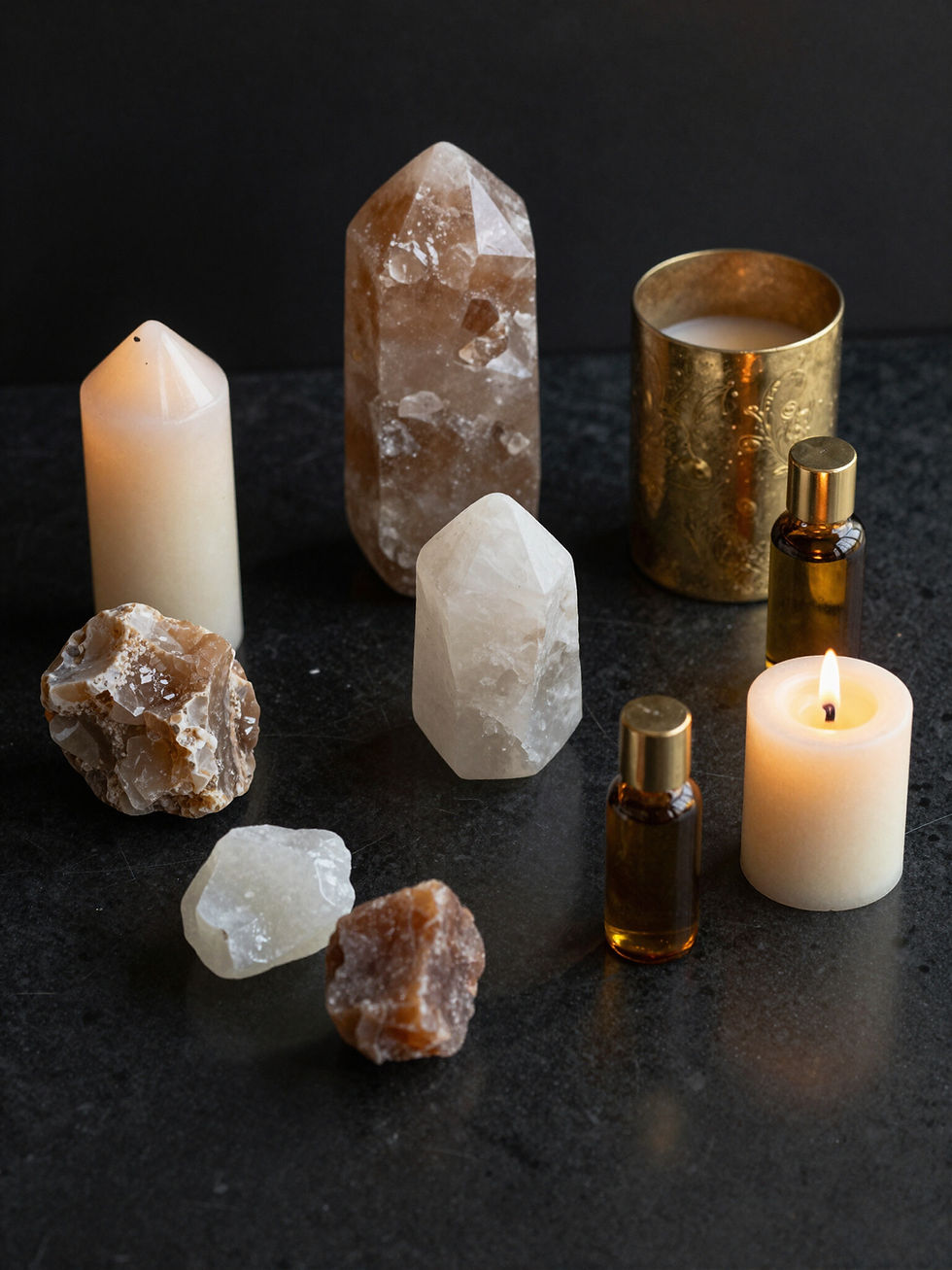 High-contrast mystical still-life with crystals and smoke