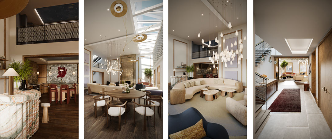 CGI of a modern lounge with open seating areas, designer lights and a contemporary staircase.