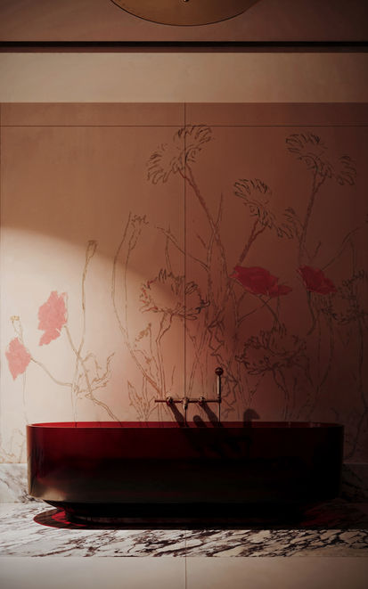 CGI of a luxury bathroom with a red freestanding tub, marble floor and floral wall mural.