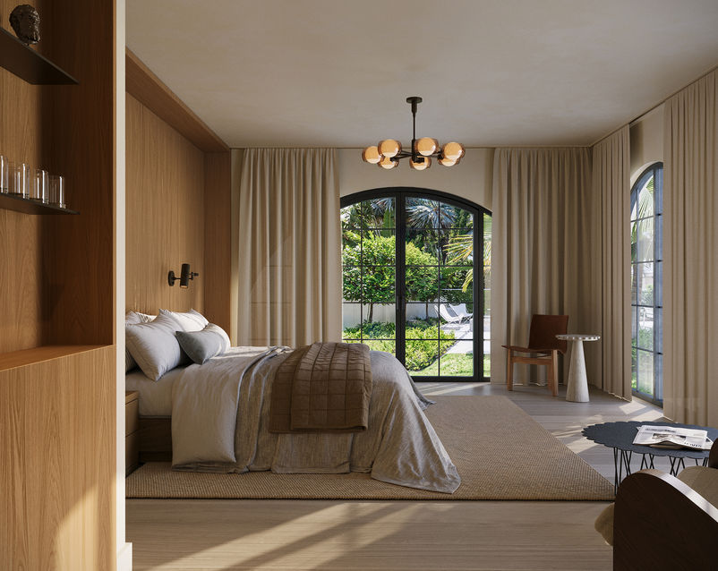 CGI of a luxury bedroom with arched glass doors, neutral bedding and garden view.