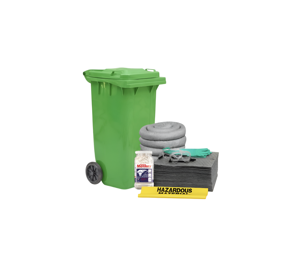 KIT ANTIDERRAMES VERDE UNIVERSAL DE 189 LITROS CON RUEDAS