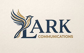 Lark bird taking off on the letter Lark and below it has Communications. To show Communication taking off.