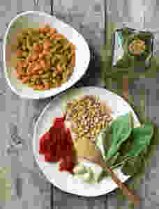 Vegan pesto chickpea Banza pasta with roasted red peppers
