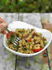 Vegan pesto chickpea Banza pasta with roasted red peppers