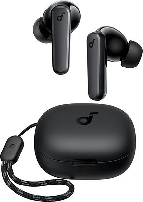 Black wireless earbuds with a matching charging case featuring a small logo. The case has a braided strap. White background.