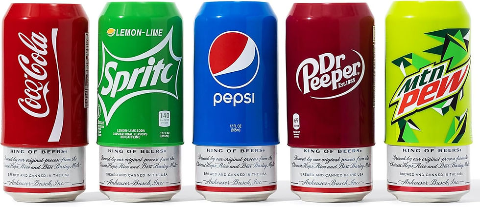Five soda cans with "King of Beers" labels: Coca-Cola, Sprite, Pepsi, Dr Pepper, and Mountain Dew, in red, green, blue, maroon, and yellow.