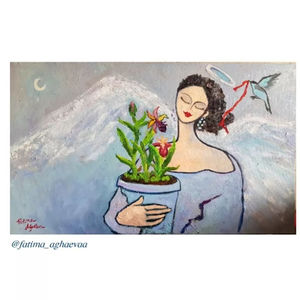 This painting shows a serene woman holding a blooming plant, with a bird flying nearby and a majestic, snow-capped mountain range in the background. She stands as a tranquil, angelic figure, surrounded by the quiet purity of the landscape and the presence of nature.