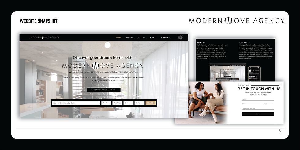 Modern Move Agency website design preview showing homepage, contact form, and real estate listings”