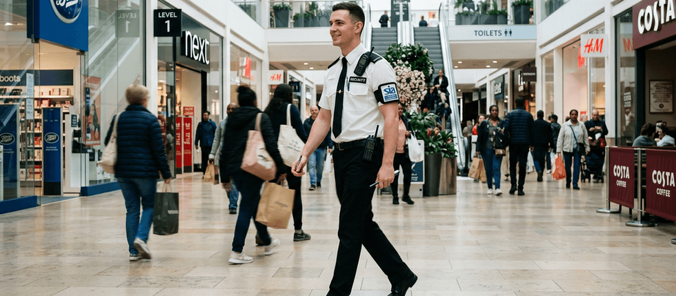 White British Security Guard Working In Shopping Mall