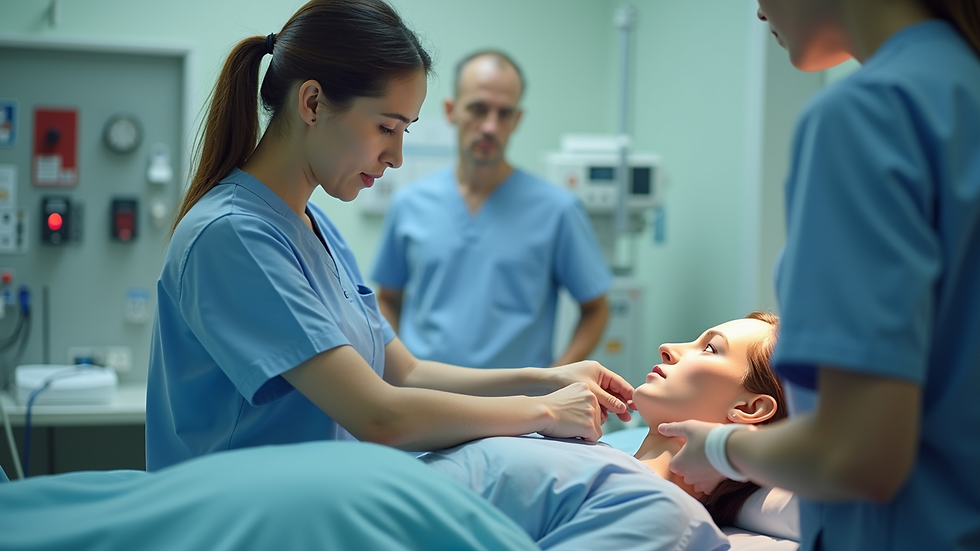 Close-up view of a nurse interacting with a medical simulation mannequin