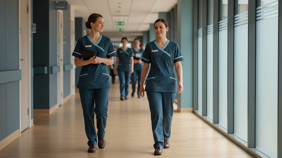 Eye-level view of a hospital corridor with nurses walking