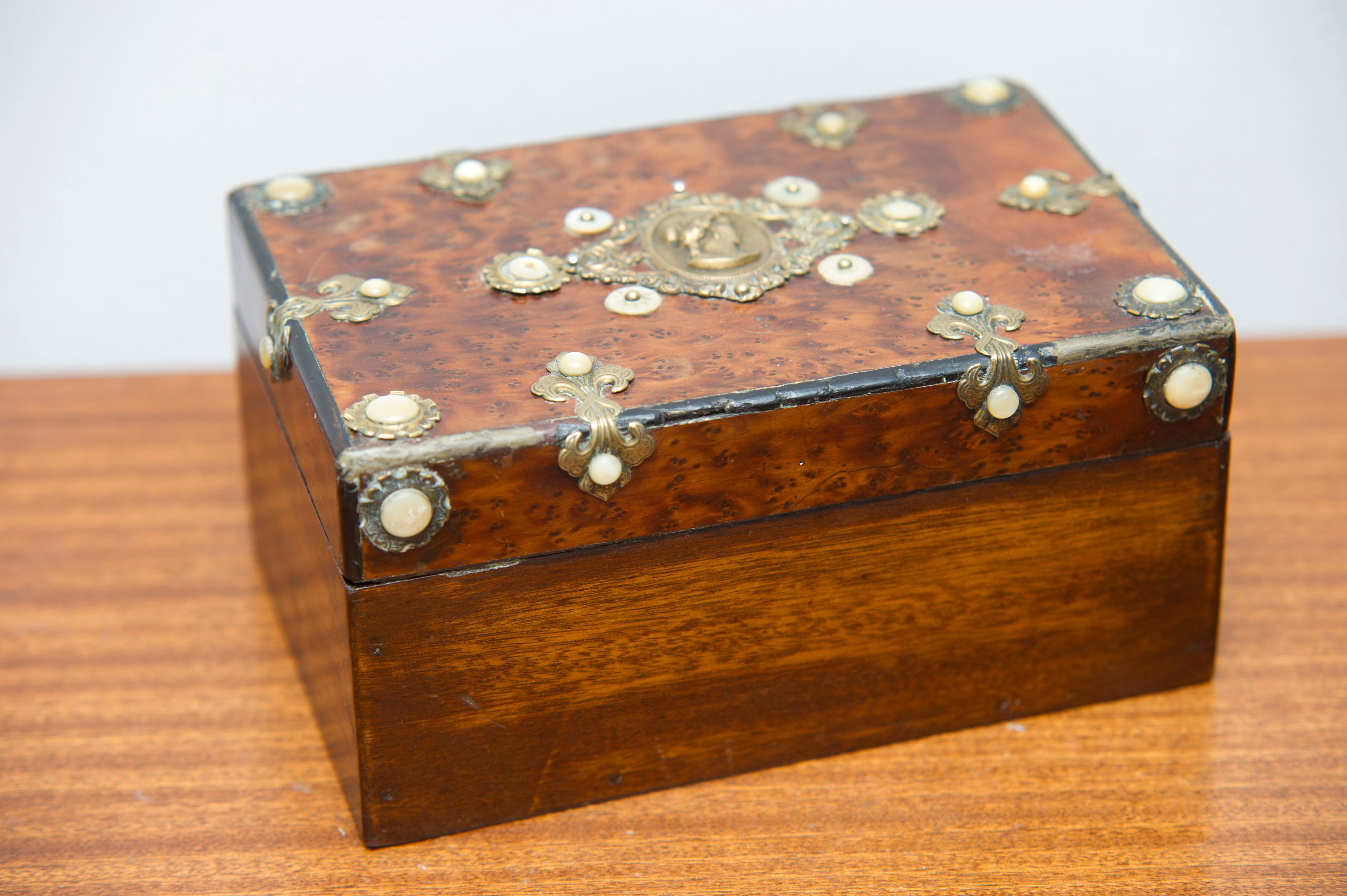 Antique Decorated Box With Pink Velvet Inlay and Brass Detailing