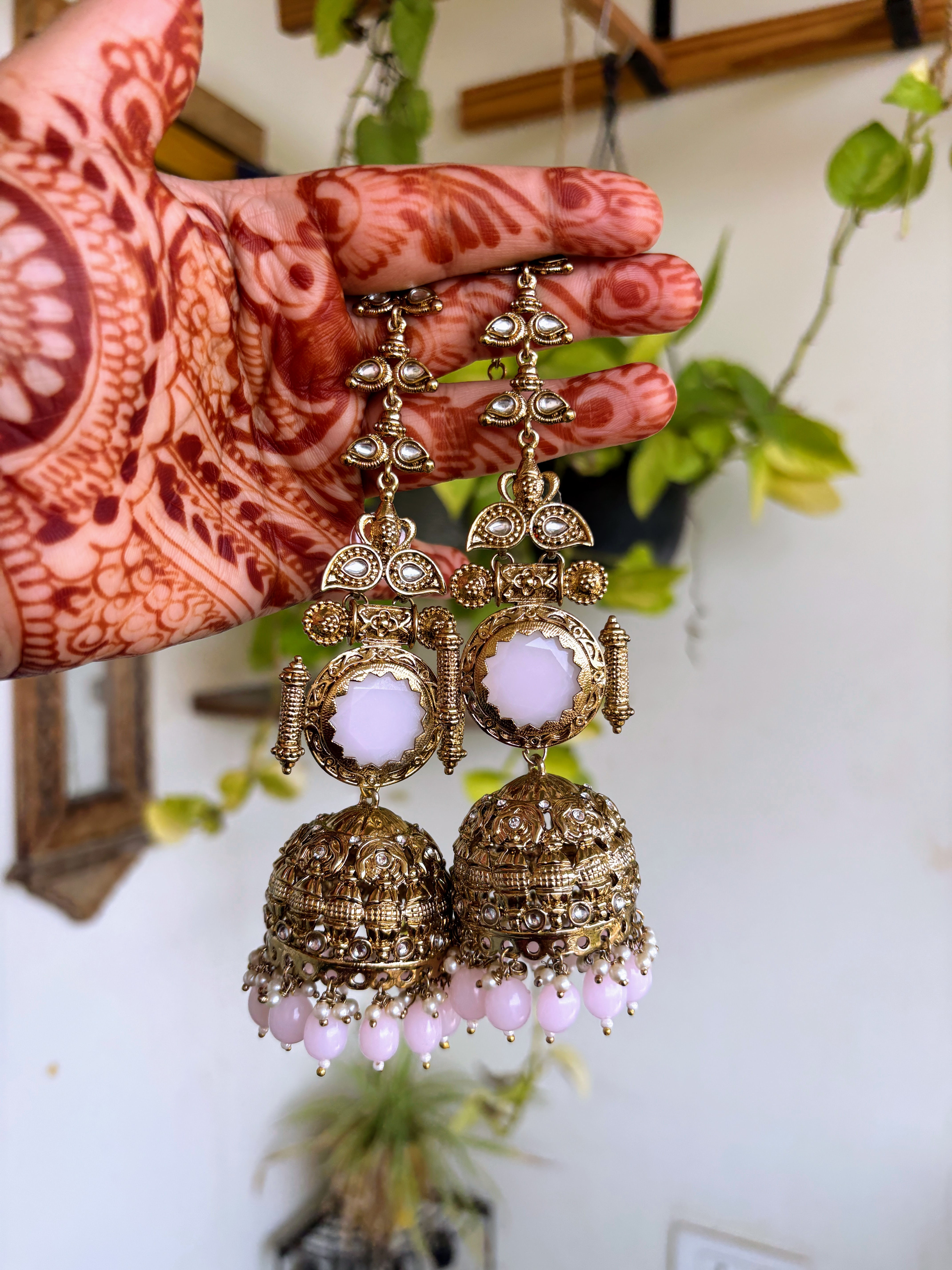 Kundan Earchain Jhumka Light Pink - P0401