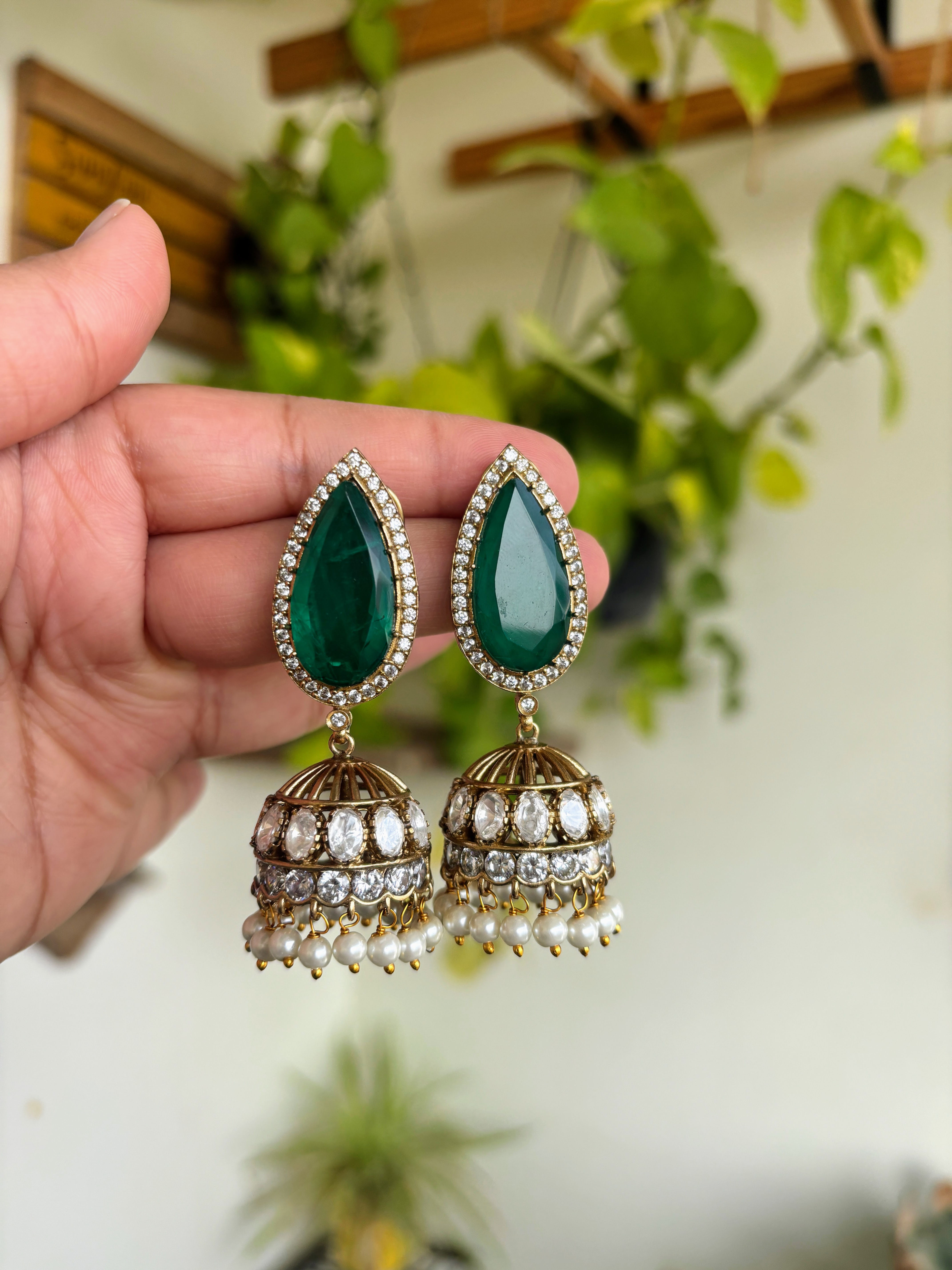 Moissanite Doublet Jhumka Green - P0295