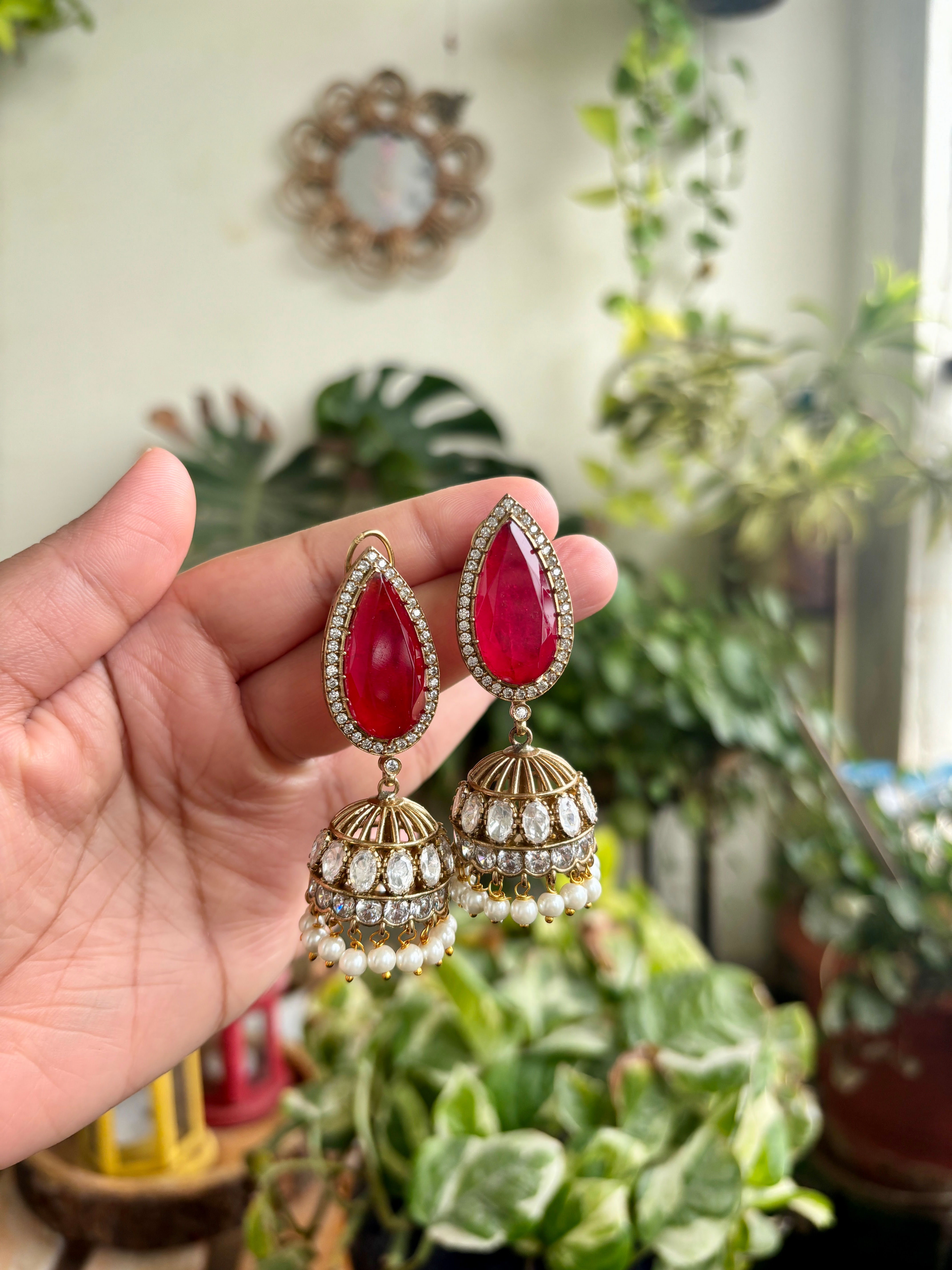 Moissanite Doublet Jhumka Red - P0178