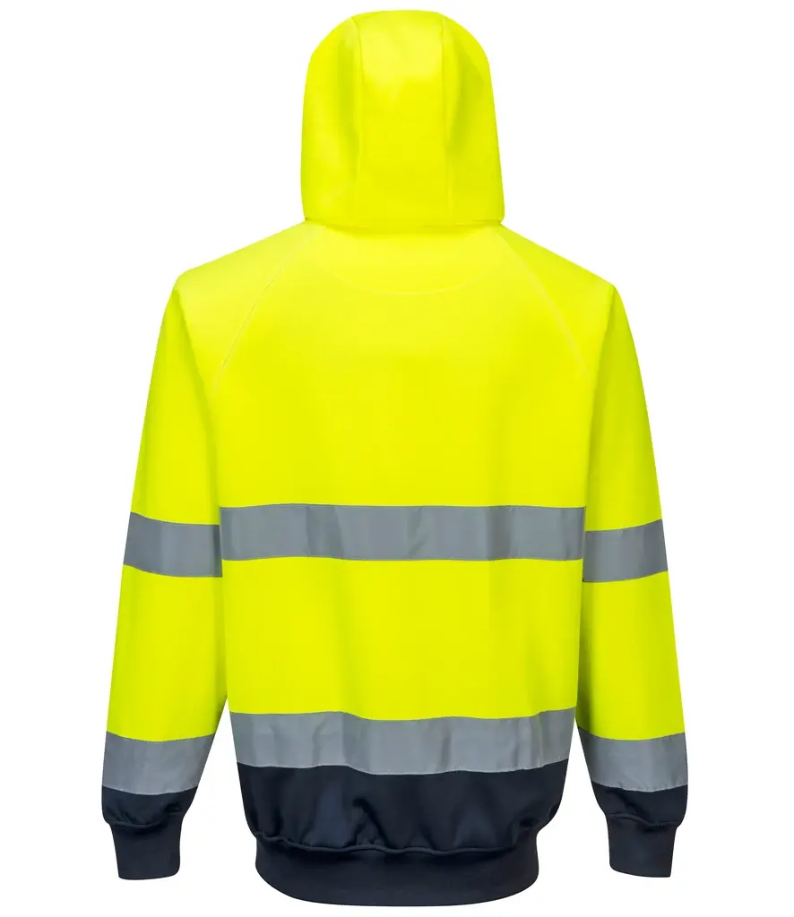 High-visibility yellow work hoodie with reflective stripes. The Workwear Hub.