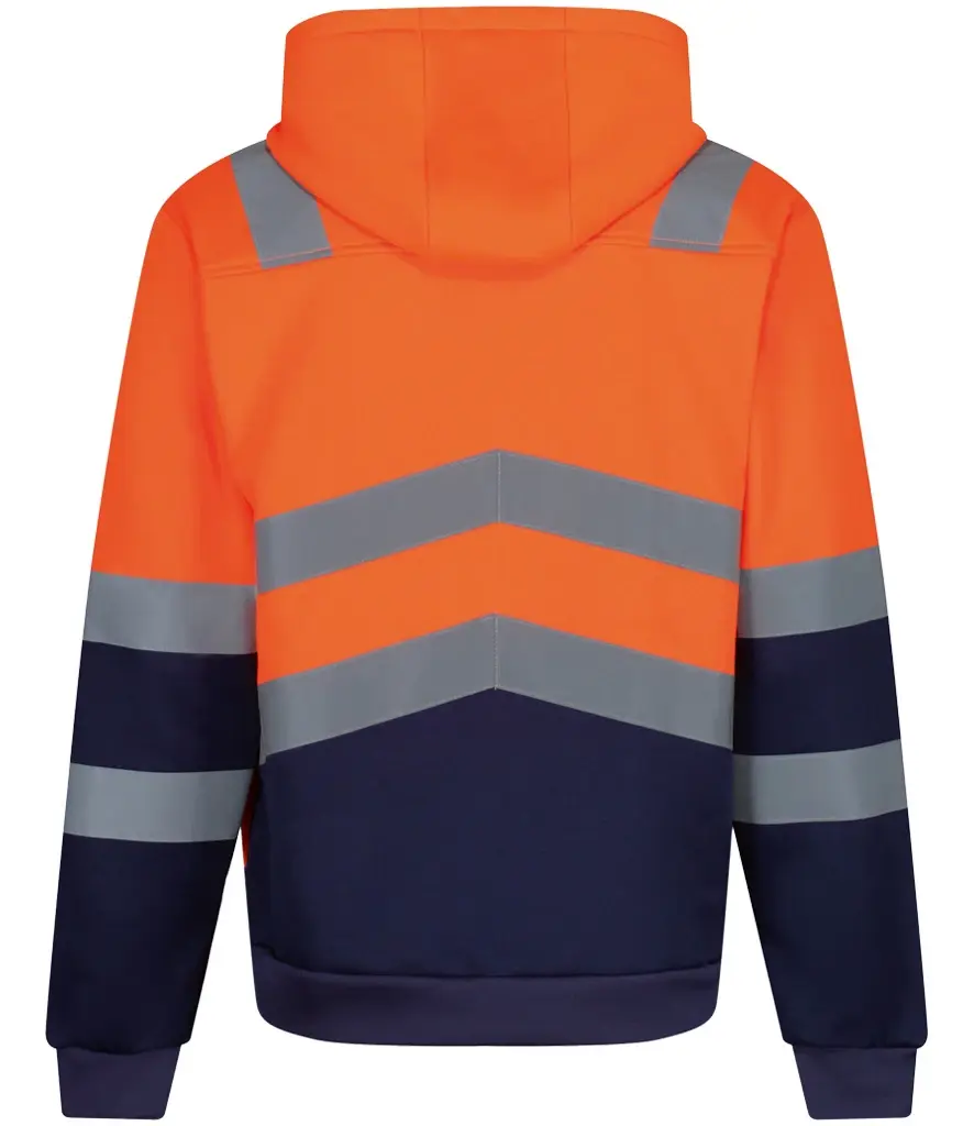 Orange and navy workwear hoodie with reflective stripes and The Workwear Hub logo